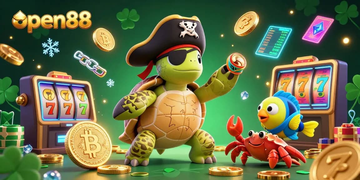Join the thrilling fun at open88 with a playful scene featuring a pirate turtle above casino treasures.