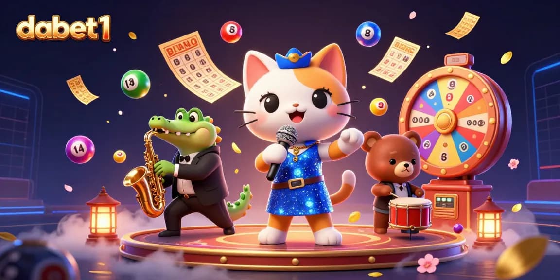 Join the fun at dabet1 with vibrant lottery games featuring lively characters in a spectacular casino scene.