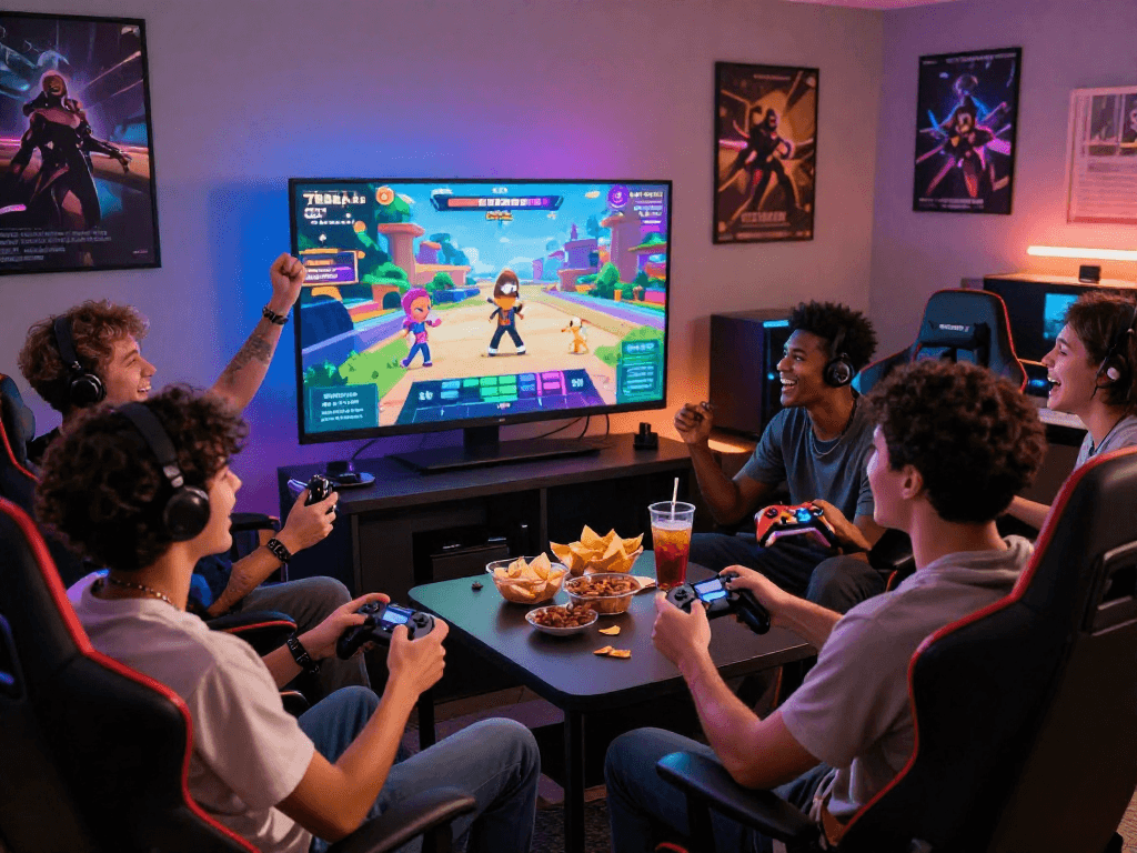Group enjoying a free porn game in a lively gaming room with snacks and excitement.