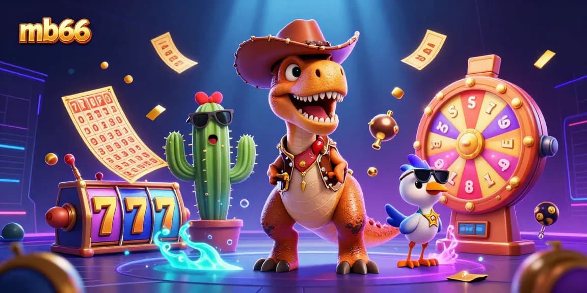 Experience mb66 with an engaging scene featuring fun cartoon characters and vibrant slot game elements.