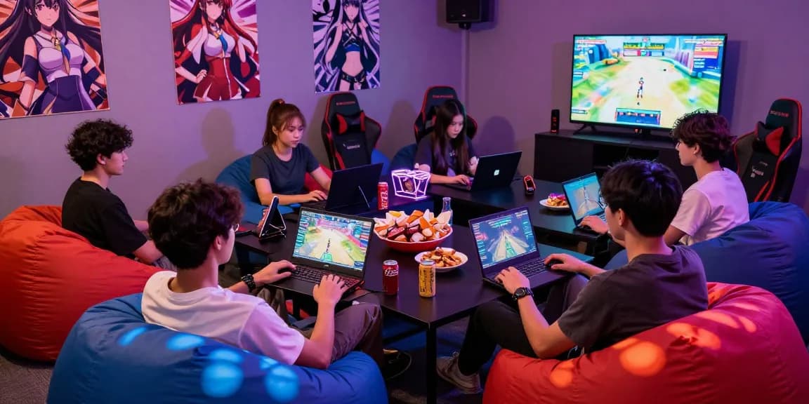Engaged gamers enjoying interactive hentai games in a colorful gaming lounge.
