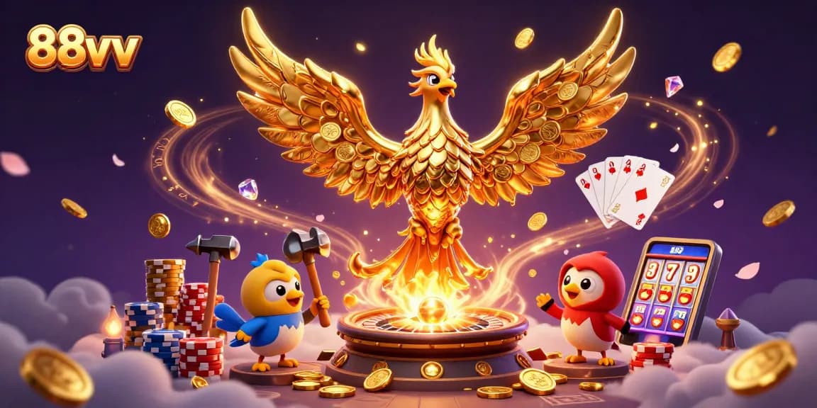 Experience the excitement with 88vv as the golden phoenix emerges in a vibrant casino scene.