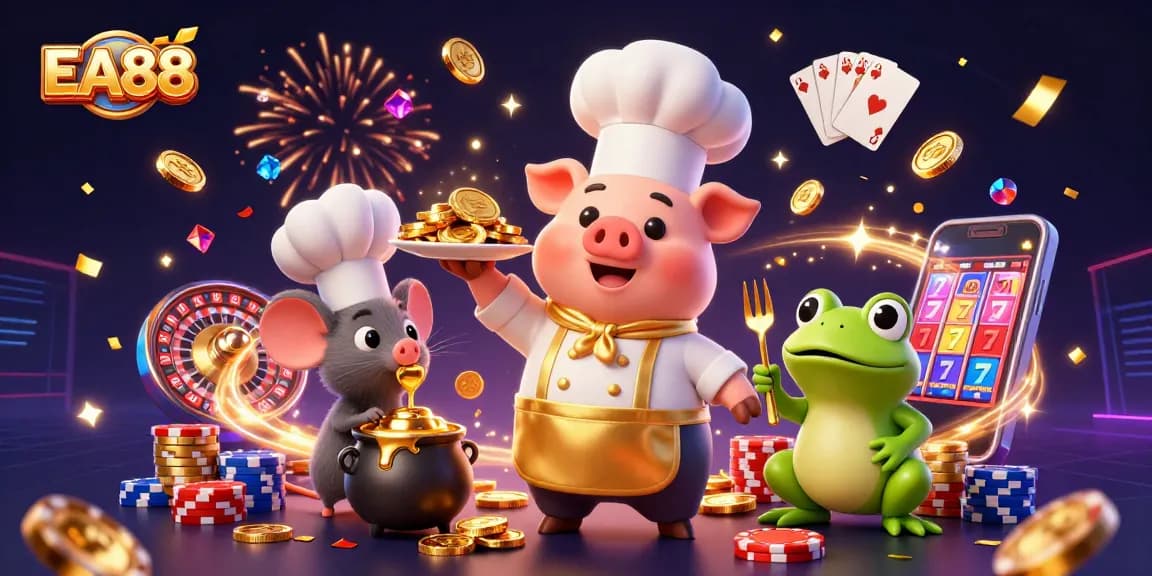Join the fun at EA88 with a chef pig, sous-chef mouse, and critic frog celebrating big wins!