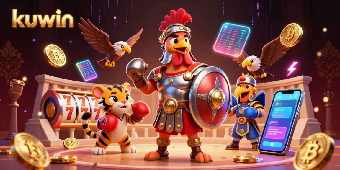 kuwin delivers thrilling slot action with a gladiator rooster in a vibrant casino scene.