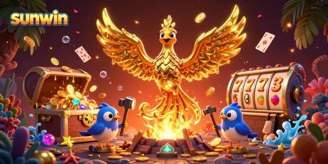 Win big with sunwin as a golden phoenix showers coins from a treasure chest in an exciting casino scene.
