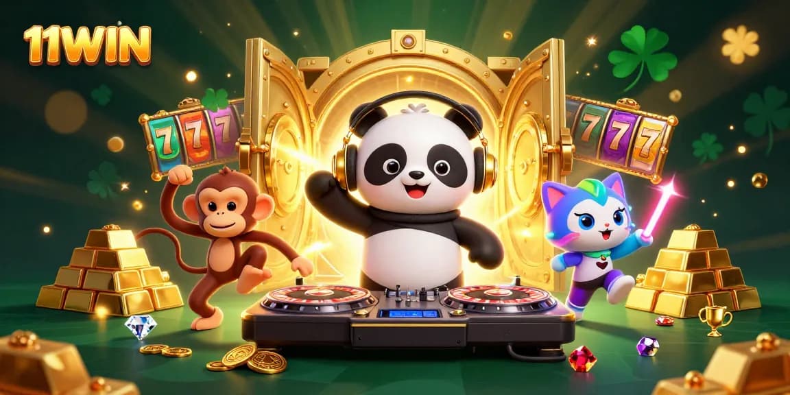 Join the fun at 11WIN with a vibrant, dynamic casino scene of playful characters and gold treasures.