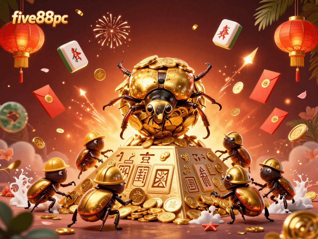 Experience immersive gaming at five88pc with this vibrant illustration of golden beetles in a casino setting.