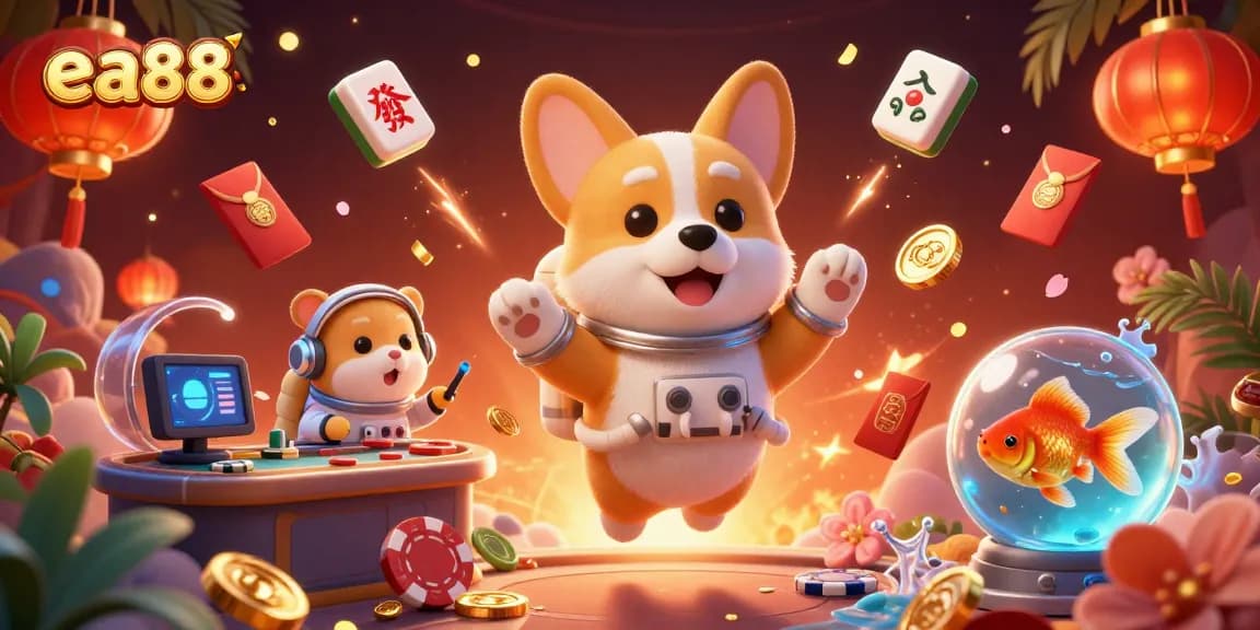 Experience exciting gaming action at ea88 with a floating scene of animated characters and vibrant casino elements.