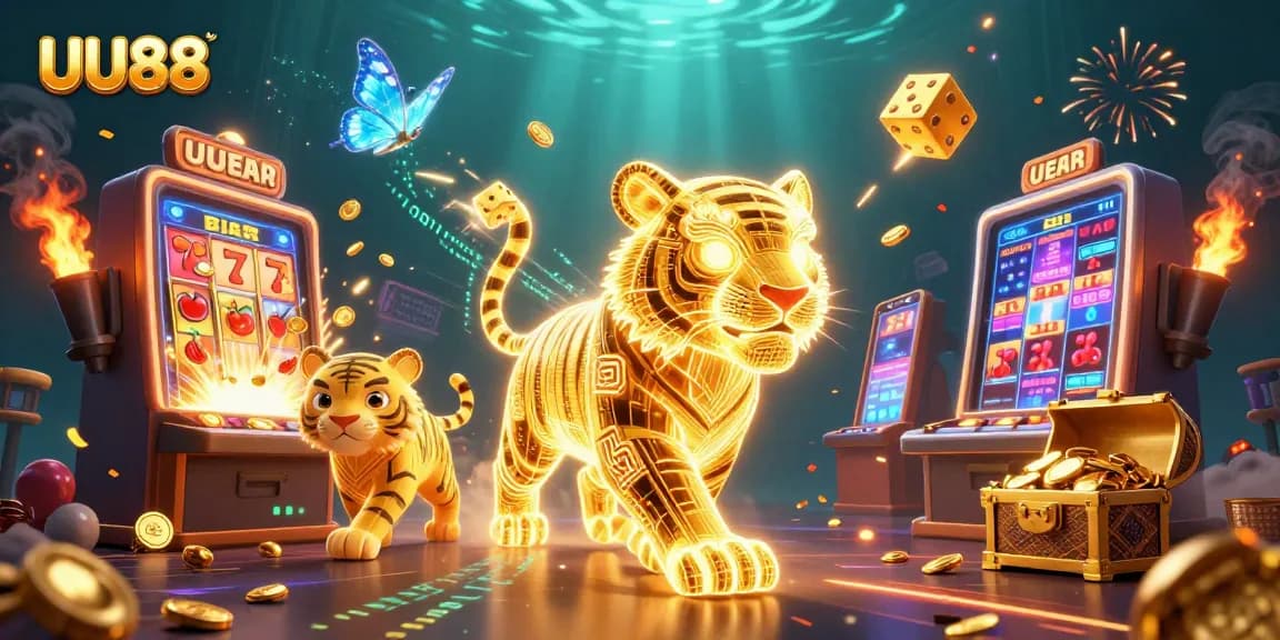 Spin and win at UU88's vibrant digital casino with a golden tiger and jackpot excitement.