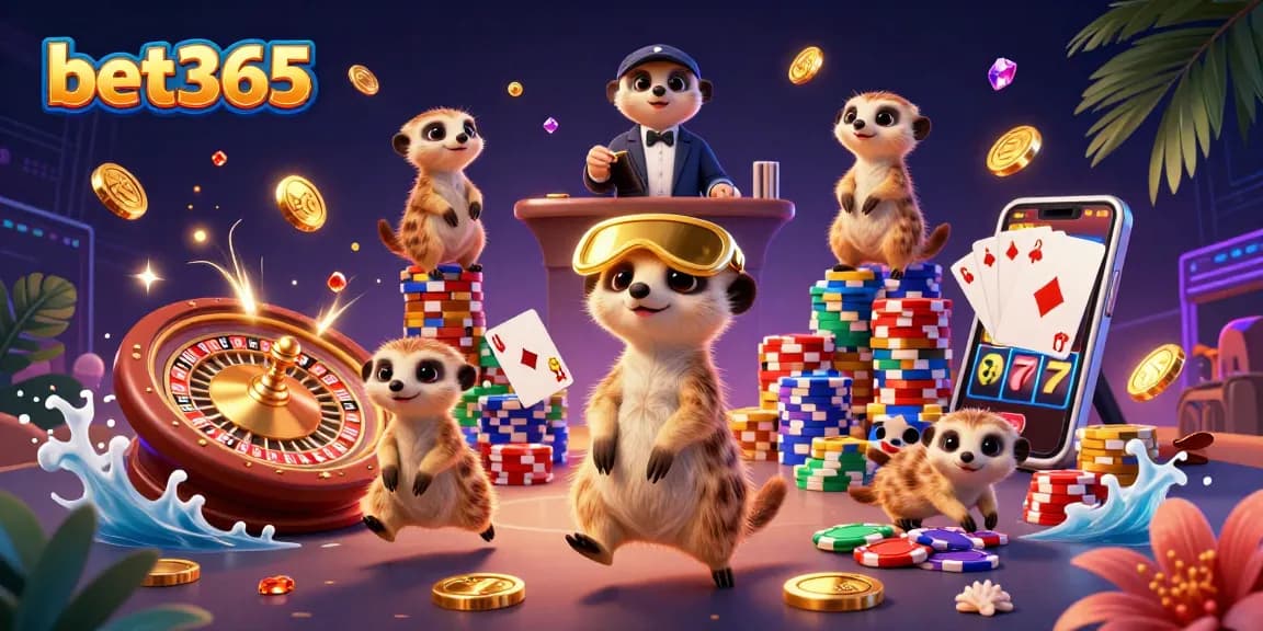 Experience thrilling bets with bet365 in this vibrant 3D casino scene filled with meerkats and dynamic gaming elements.