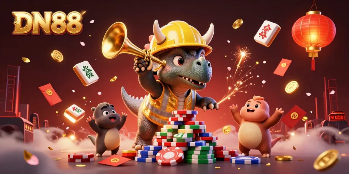 Celebrate winning at DN88 with a dynamic 3D illustration of casino excitement and fun.