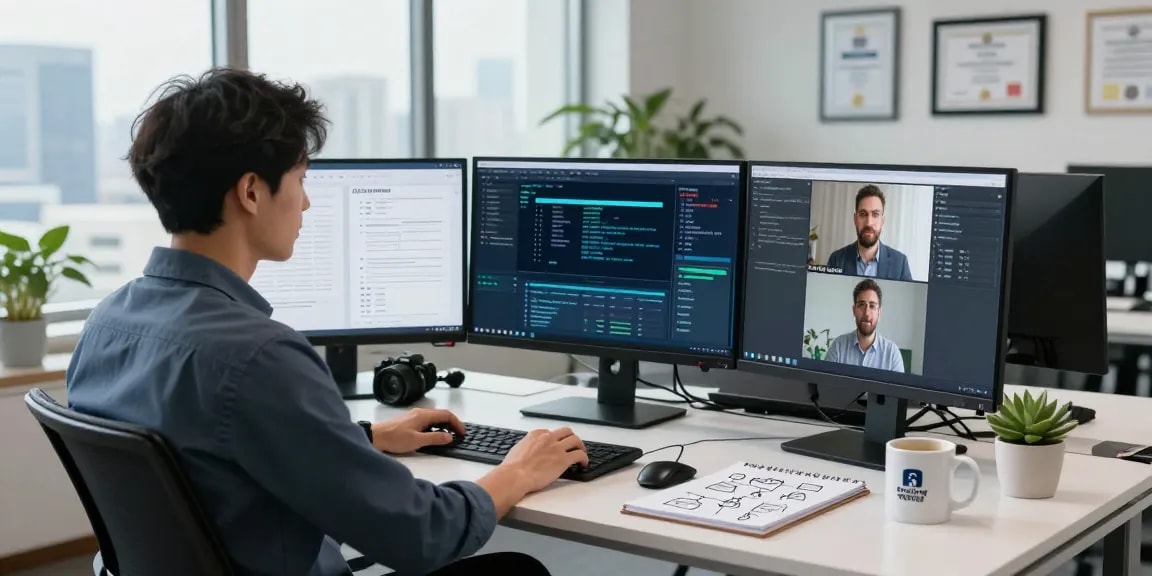 Document fraud detection tools in action, showcasing a cybersecurity analyst using advanced software for identifying fraudulent documents in a modern office.