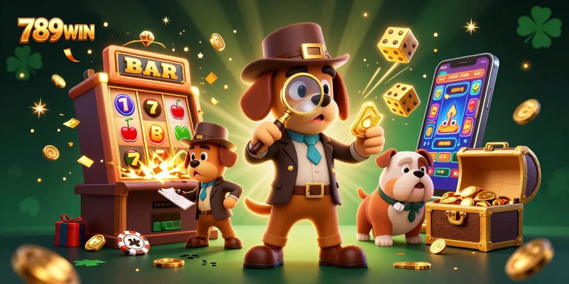 Experience thrilling wins at 789WIN with a detective uncovering treasure in a vibrant casino scene.