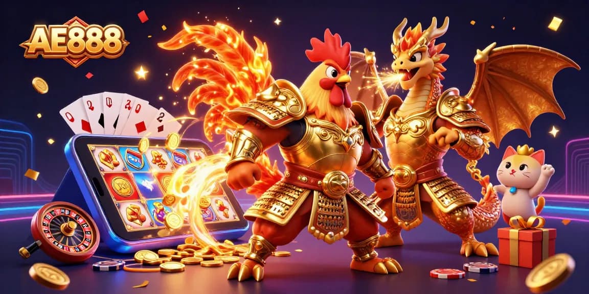 Place your bets with AE888 in a vibrant casino scene, featuring exciting slot games and dynamic elements.