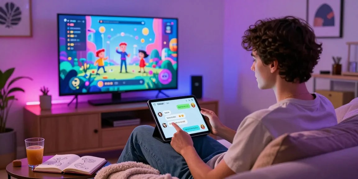 Immersive NSFW AI chat scene with user on couch, tablet displaying animated avatars and cozy lighting.