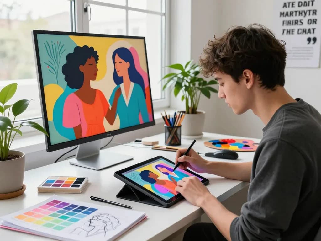 Artist illustrating AI interpretations of sexuality at a digital art studio focused on sex ai themes.