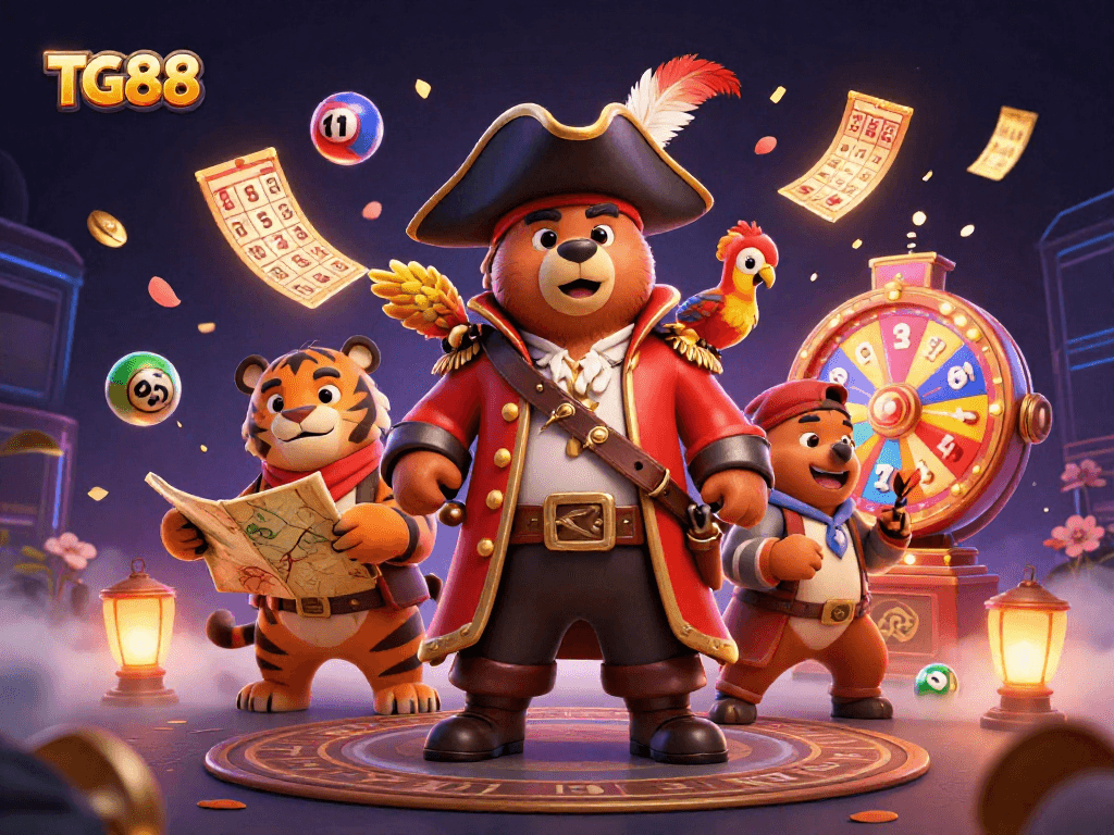 Join TG88 for thrilling casino adventures featuring a cartoon bear captain and vibrant lottery elements.