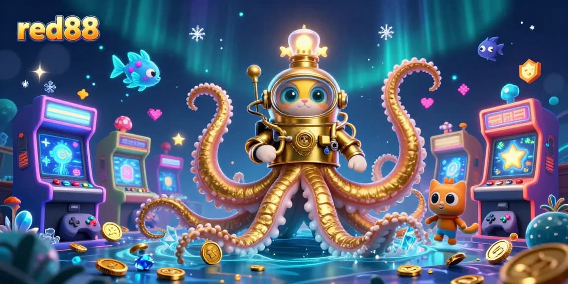 Experience thrilling adventures at red88 with a colossal kraken, diving cat, and arcade game excitement!