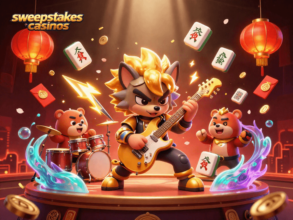 Engage with sweepstakes casinos featuring a rock star wolf and a wild drummer bear on stage.