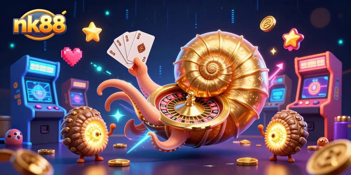 Play at nk88, where a nautilus roulette wheel and glowing characters create a vibrant casino adventure.