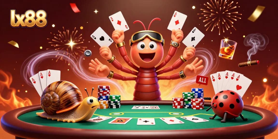 Join the fun at lx88 with a thrilling cartoon casino scene featuring a millipede dealer and fun-loving casino characters.