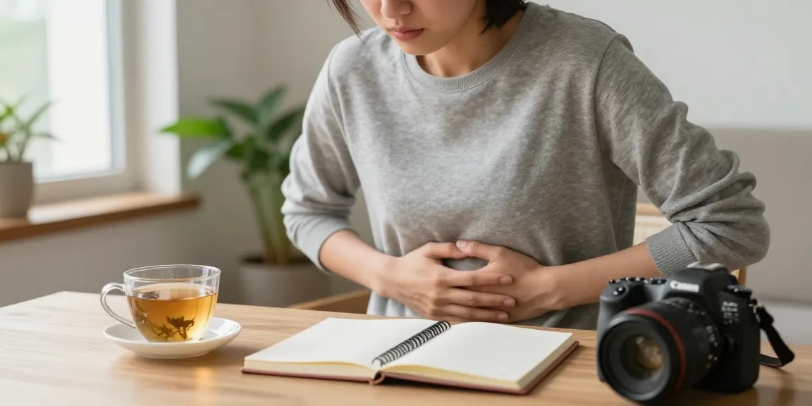 A person experiencing anxiety stomach pain while seated in a calming home workspace, reflecting on their feelings.