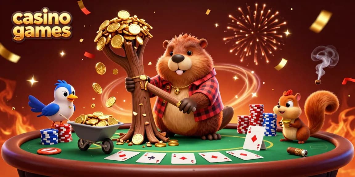 Experience thrilling casino games with a playful beaver and friends amidst a vibrant poker scene.