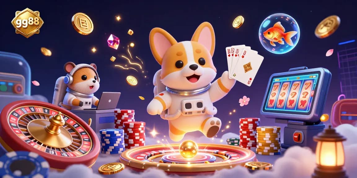 Engage with gg88 in this vibrant casino scene featuring an astronaut corgi and gaming elements.