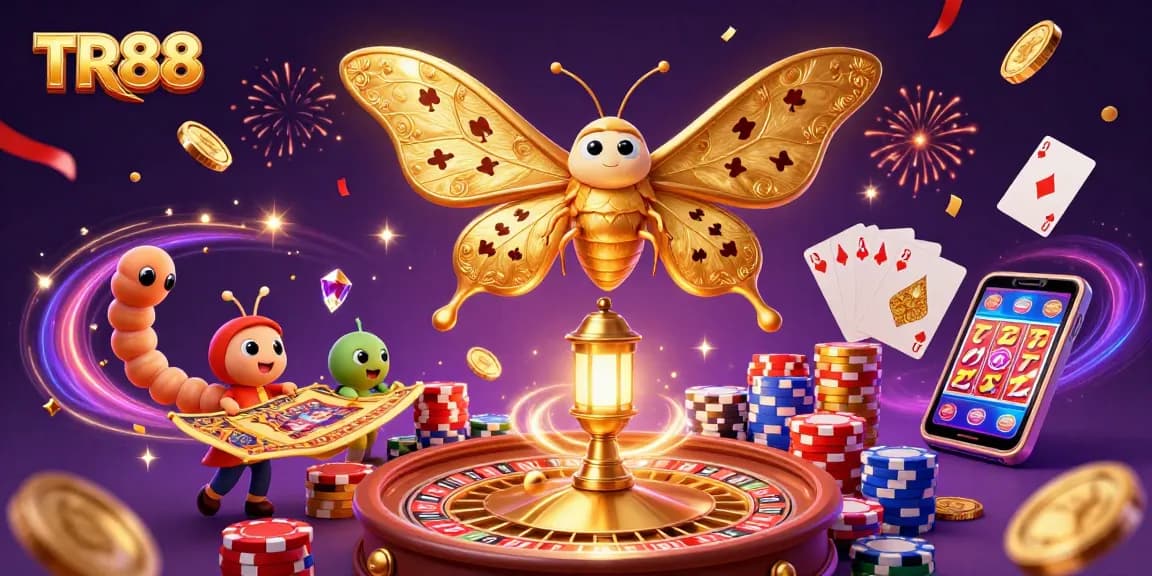 Experience TR88's vibrant casino adventures with a 3D atlas moth amidst golden treasures and thrilling games.
