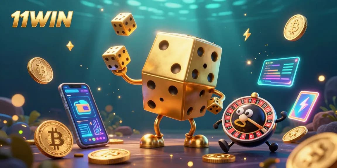 Experience the excitement of 11WIN with a vibrant 3D casino illustration featuring golden dice and crypto elements.