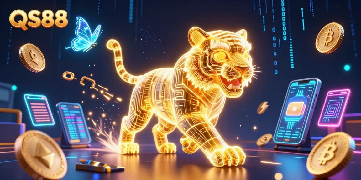 QS88 provides thrilling gaming experiences with a neon tiger in a digital casino landscape.