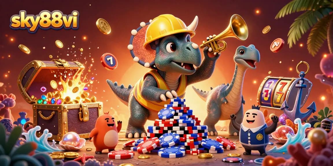 sky88vi celebrates with a triceratops stacking poker chips surrounded by vibrant casino elements