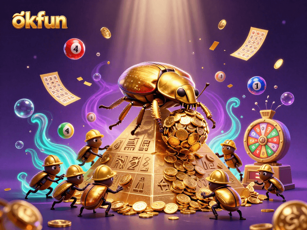 Experience thrilling fun with okfun as golden beetles roll coins in a vibrant casino scene.