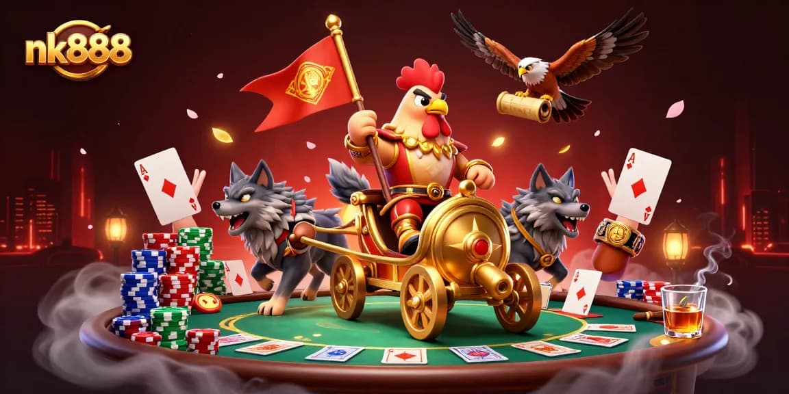 Engage with nk888 in a vibrant 3D battle casino scene filled with poker action and festive elements.