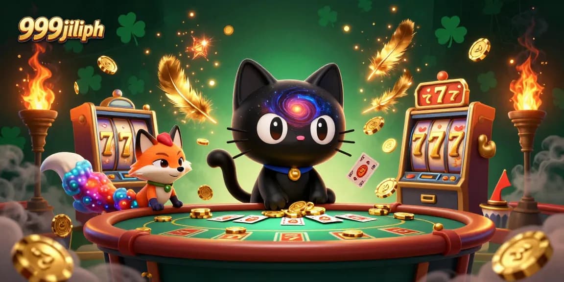 Engage in the unique universe of 999jiliph with a 3D illustration of a cosmic casino featuring a black hole cat and nebula fox.