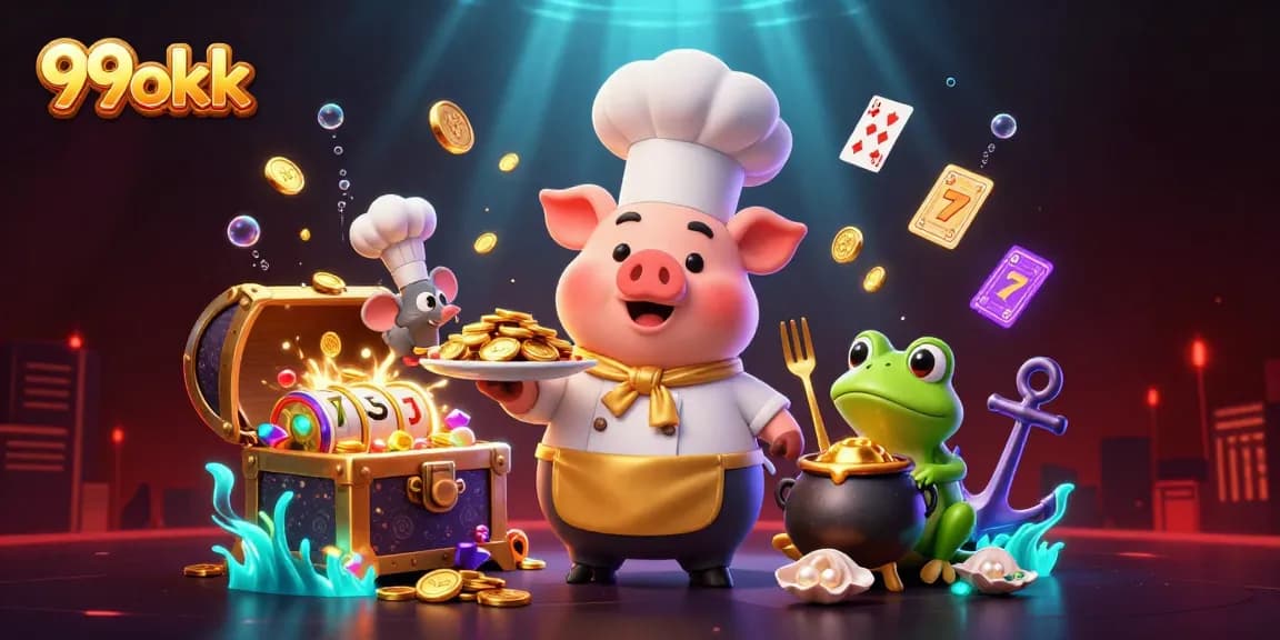 Engage with 99okk's vibrant 3D culinary casino scene featuring gold coins and animated characters.
