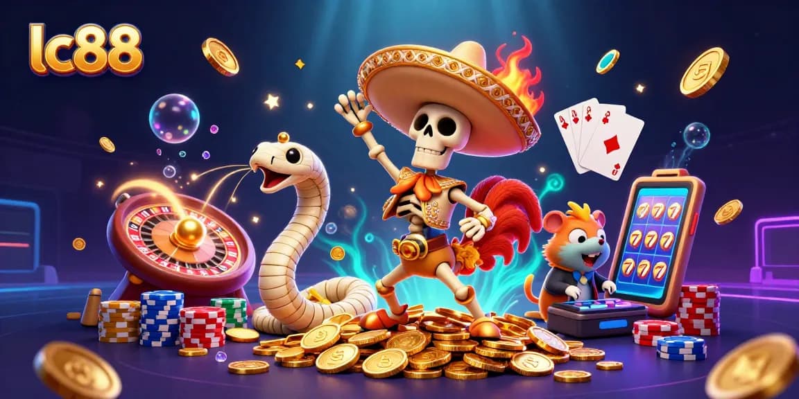 Experience the thrilling vibes of lc88 with vibrant casino characters celebrating on golden coins.