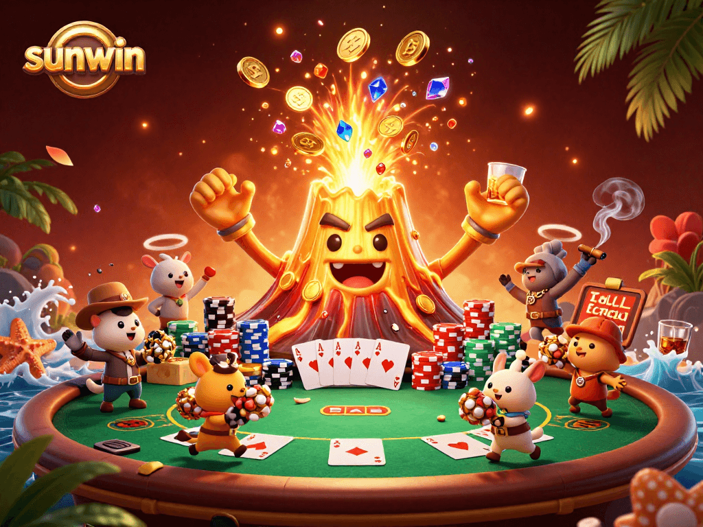 Win big with sunwin at this thrilling casino scene featuring golden treasure and poker excitement.