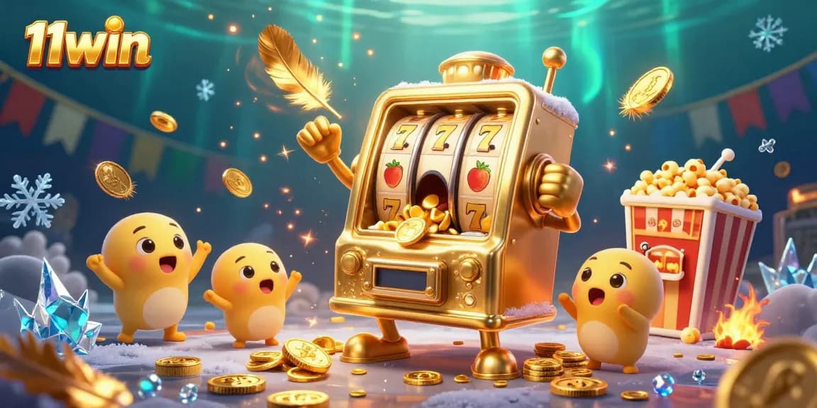 11WIN jackpots burst with excitement as a golden slot machine surprises and coins fly in celebration.