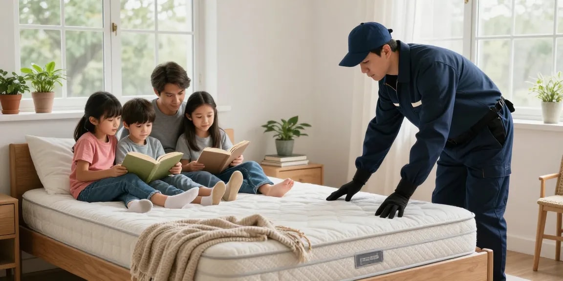 Family enjoying reading while a professional conducts bed bug control.