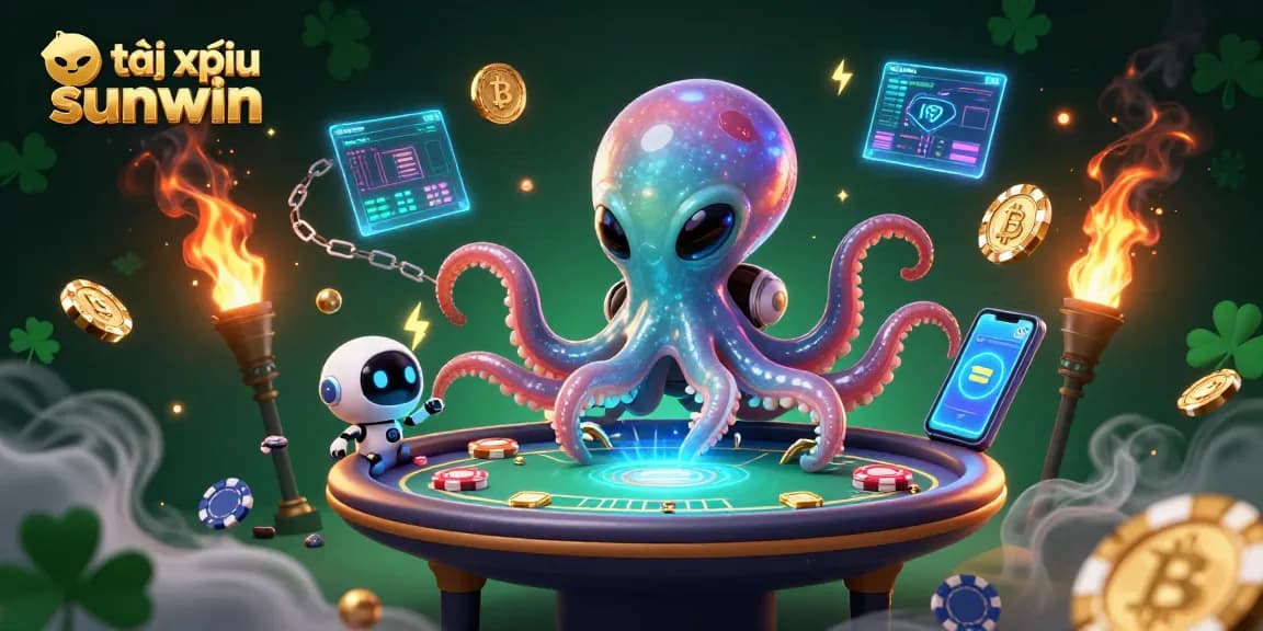 Tài xỉu sunwin game scene showcasing a colorful 3D alien octopus at a poker table
