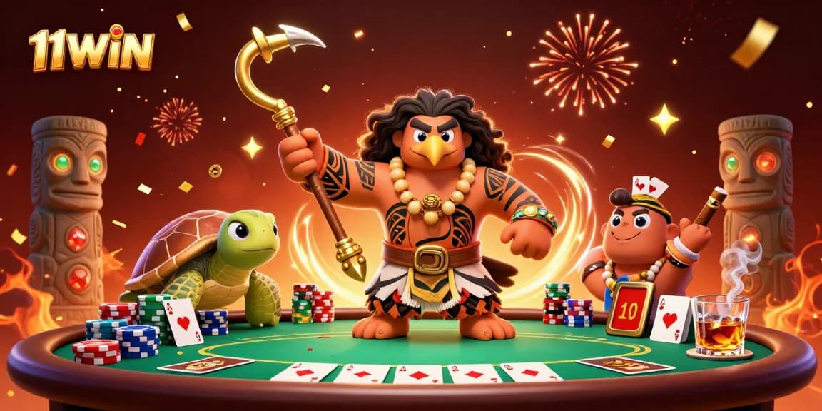 The 11WIN illustration showcases a vibrant casino scene with cartoonish characters and poker elements.