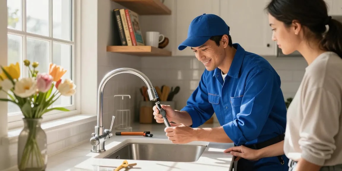 Affordable plumber San Diego fixing a kitchen faucet in a bright modern home setting.