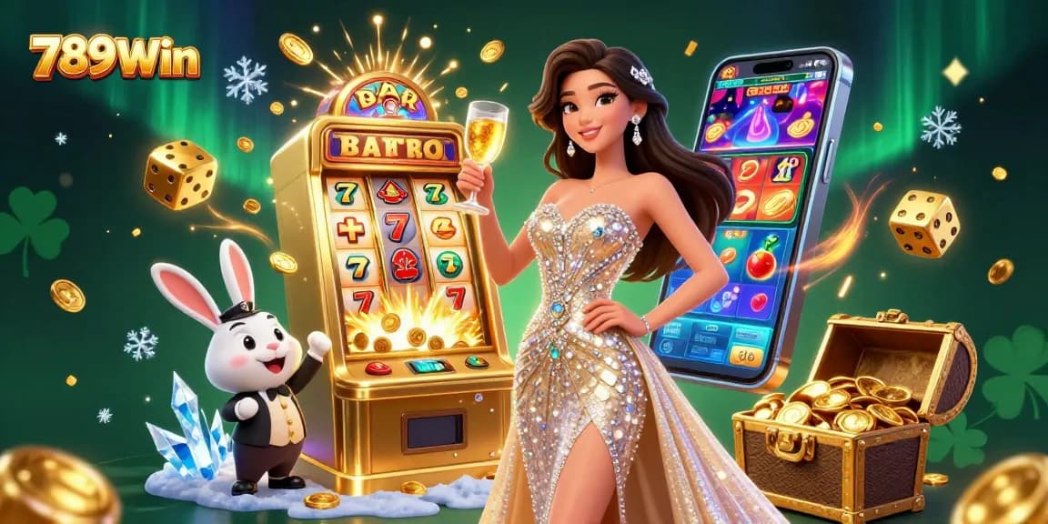 Immerse in 789Win's thrilling casino action, featuring a glamorous woman toasting beside a jackpot slot.