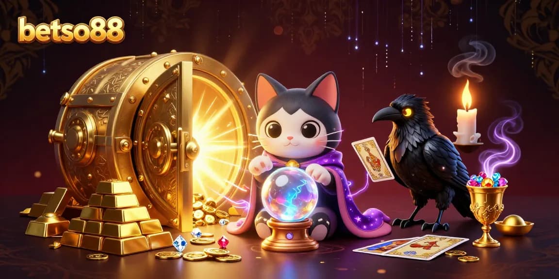 Experience thrilling wins with betso88 in a vibrant casino adventure featuring a mystical cat and glowing raven.