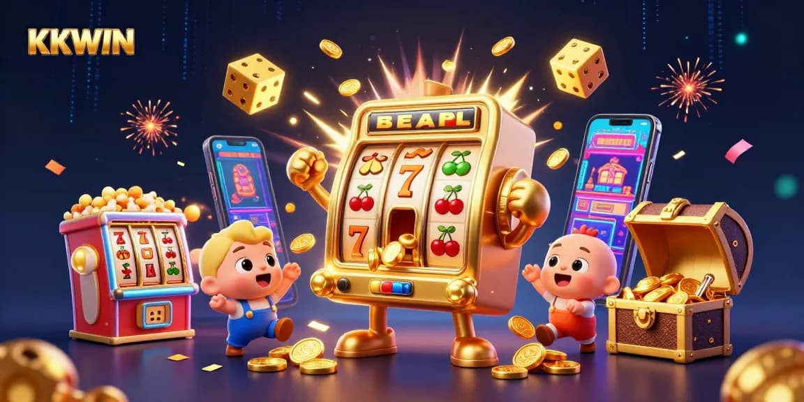 KKWIN slot machine hitting jackpot, surrounded by cheering characters and vibrant casino elements.