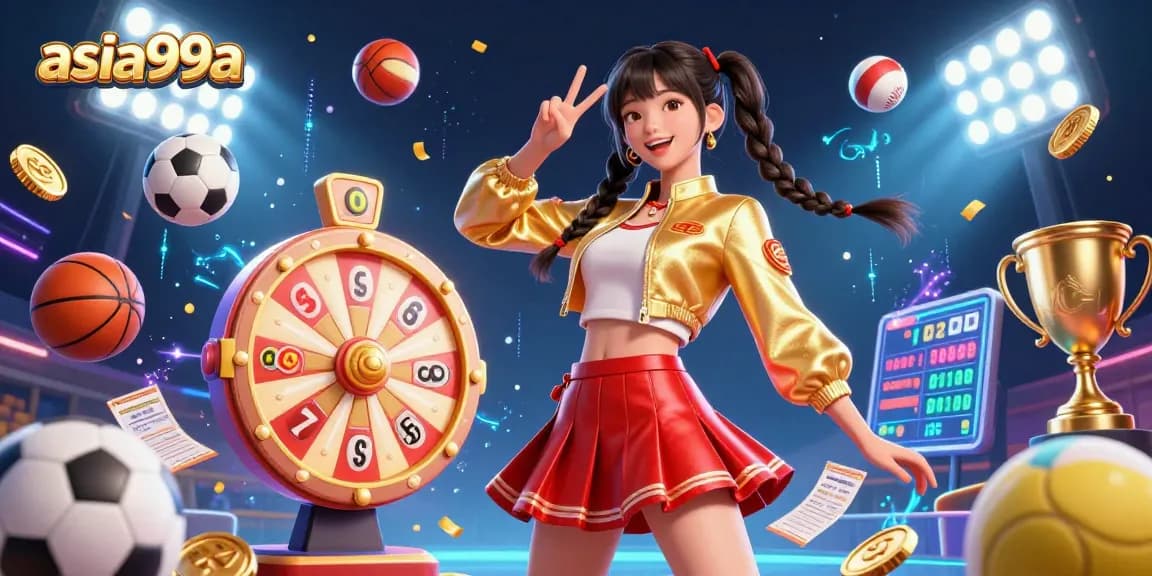 Engage in dynamic gaming at asia99a with colorful lottery balls, a prize wheel, and vibrant sports elements.