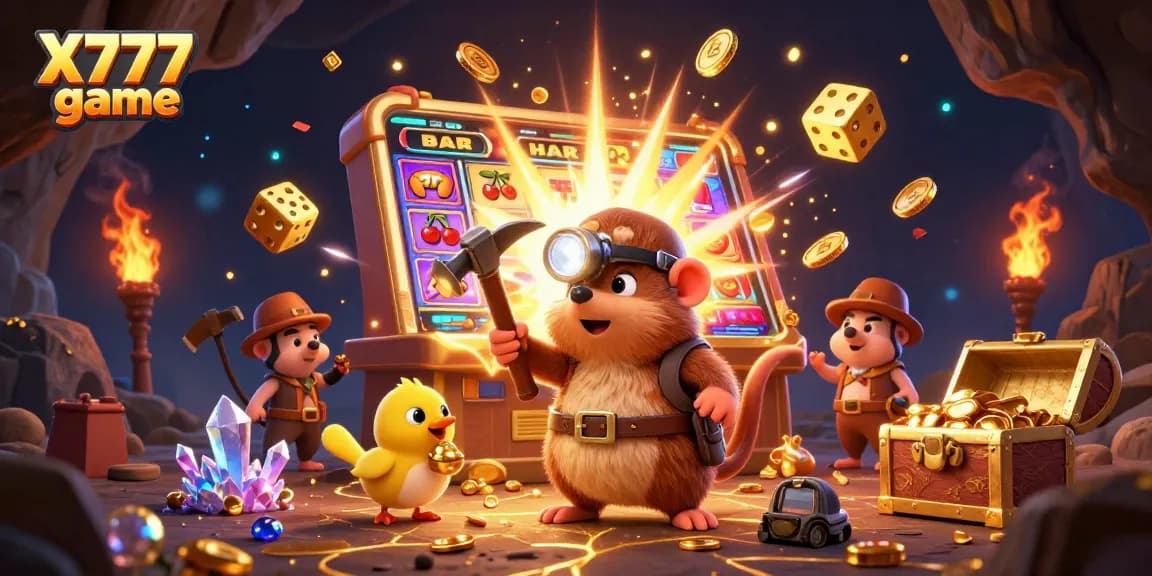 X777 game illustration featuring a treasure hunter mole and canary amidst dynamic casino elements, emphasizing vibrant gaming excitement.