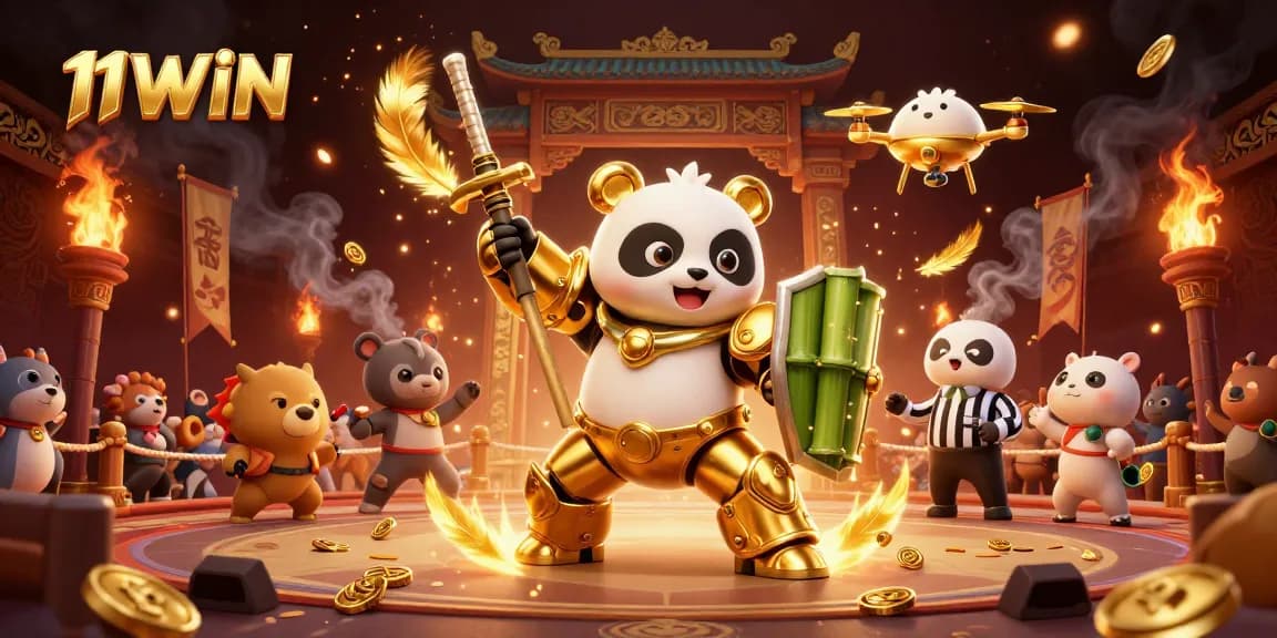 Experience the excitement of 11WIN with golden panda battling in a vibrant casino arena.