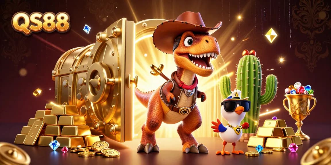 Experience the thrill of winning at QS88 with vibrant 3D characters celebrating in a treasure-filled casino vault.
